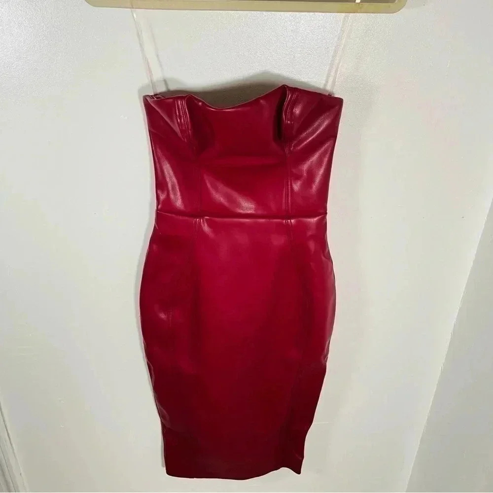 NWT House of CB Saskia Faux Leather Structured Midi Bodycon Dress Wine Red - Picture 5 of 7